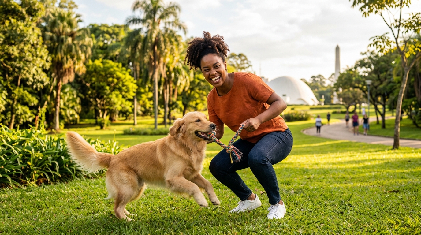 Tutora com seu Golden Retriever no Parque Ibirapuera